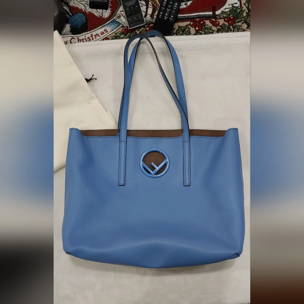 Fendi Blue Leather Tote Bag with Logo Cutout & Leather Tote Pouch
